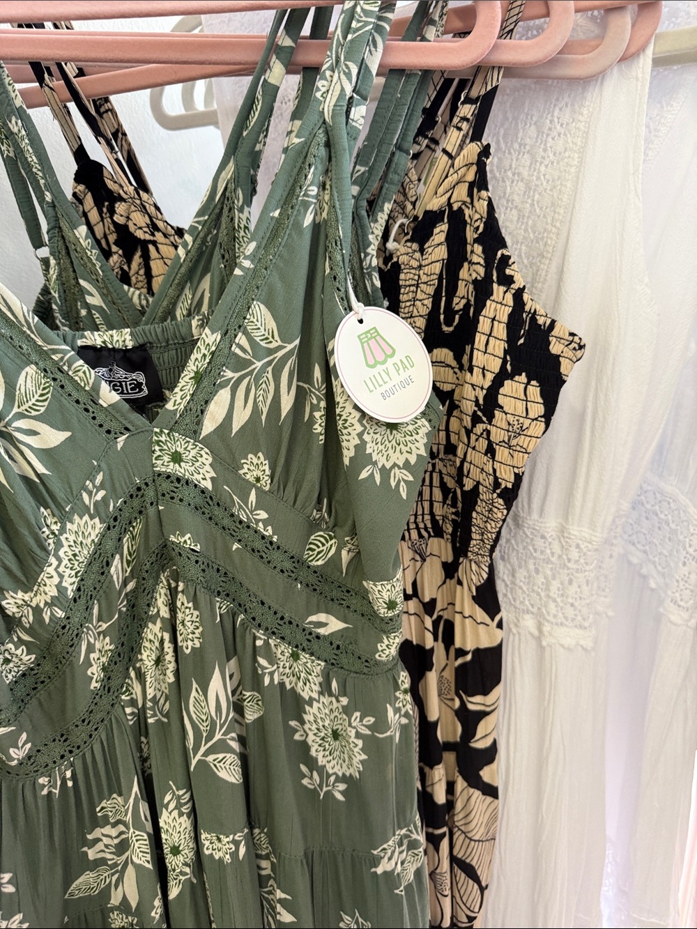 Olive Green Floral Lace-Detail Sundress - Picture 2 of 4